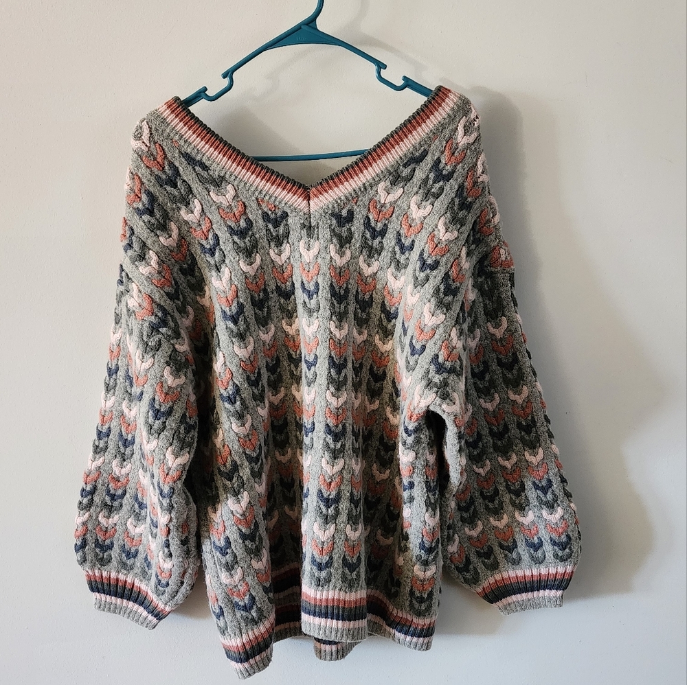 Cottage Core Chunky Woven Sweater Womens Size M Gray Mauve Kerrick Vneck - Picture 6 of 10